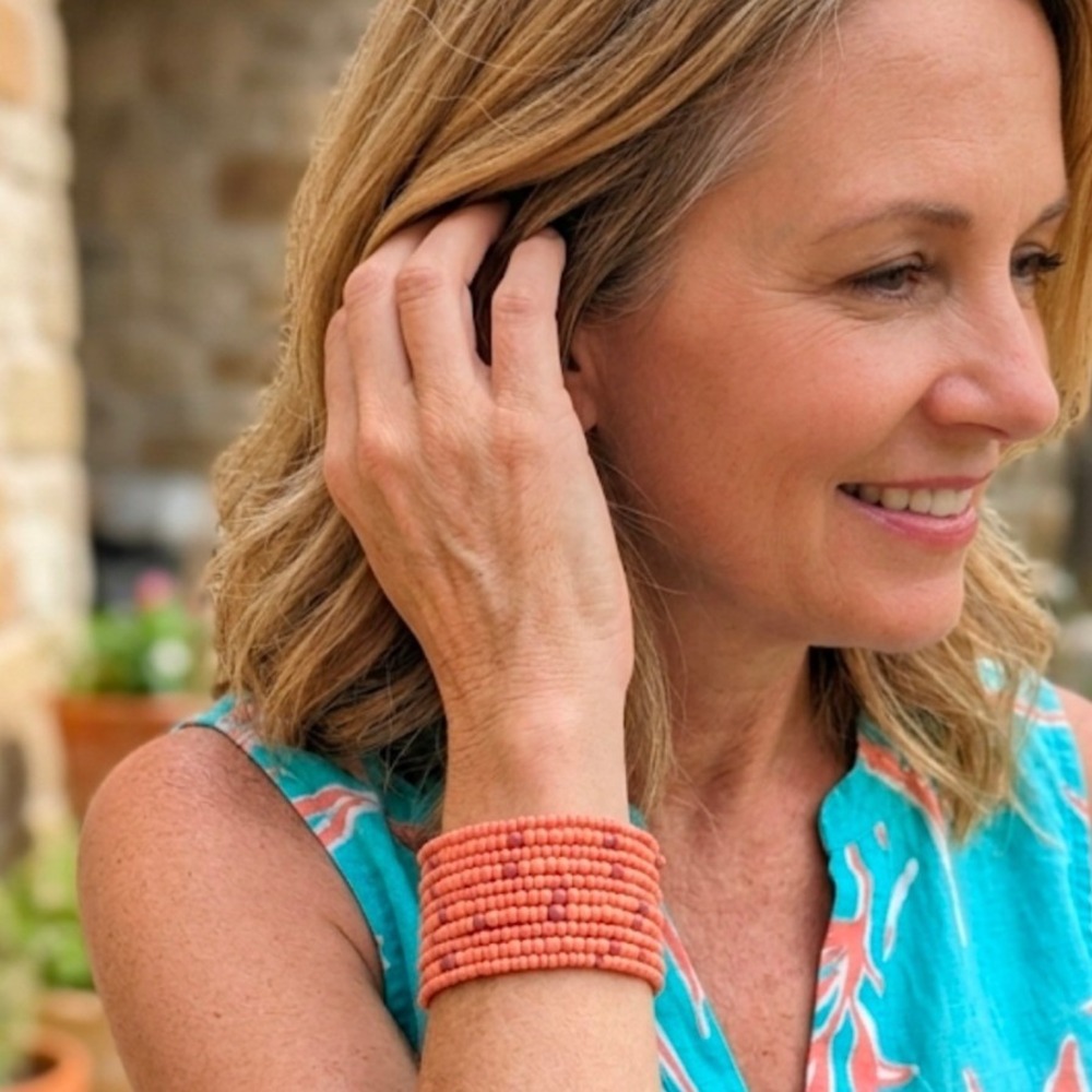 Boho Coral Pink Beaded Multi Strand Memory Wire Wrap Cuff Bracelet